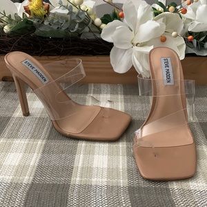 New Clear and Tan Patent Leather Slide Heels